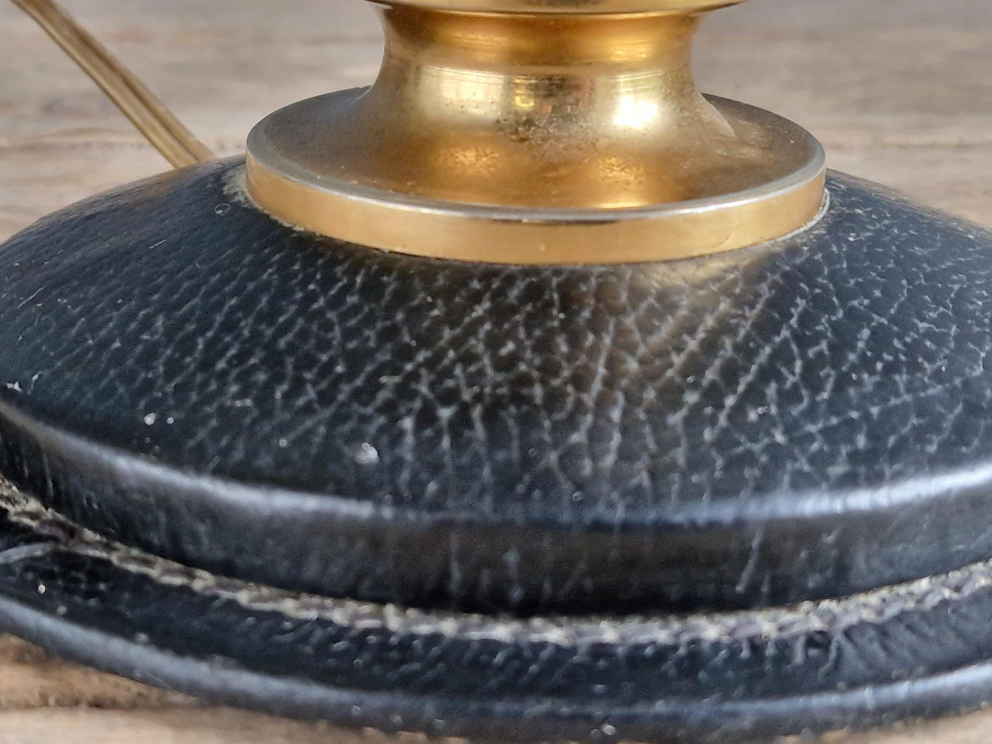 French vintage black leather lamp in the manner of Jacques Adnet Le tanneur table lamp.