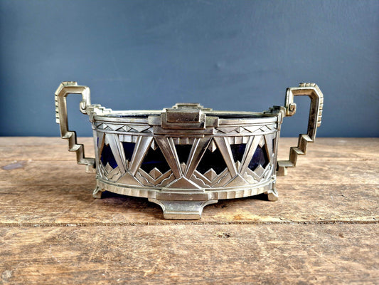 French Art Deco jardinaire. Blue glass lined jardinaire.
