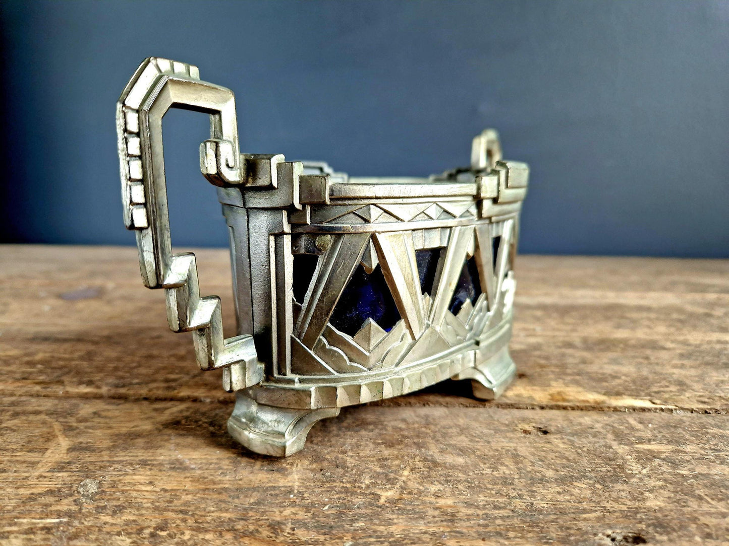 French Art Deco jardinaire. Blue glass lined jardinaire.