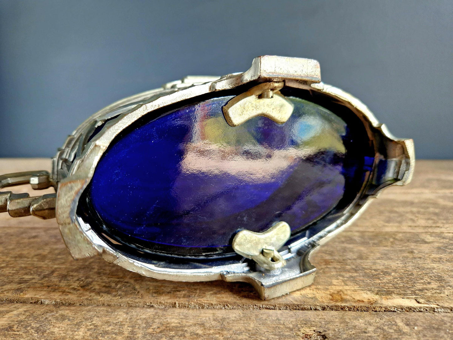 French Art Deco jardinaire. Blue glass lined jardinaire.