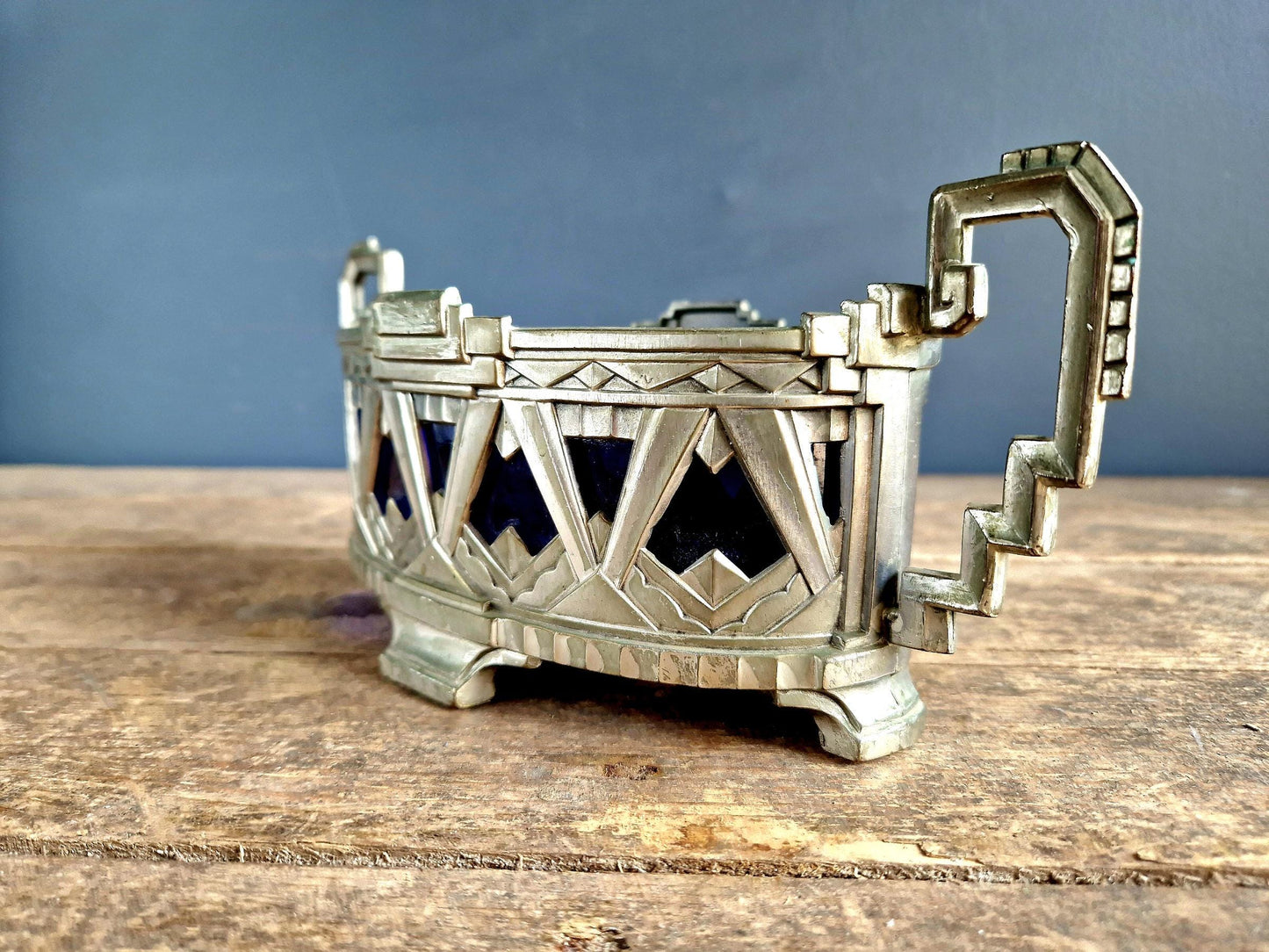 French Art Deco jardinaire. Blue glass lined jardinaire.