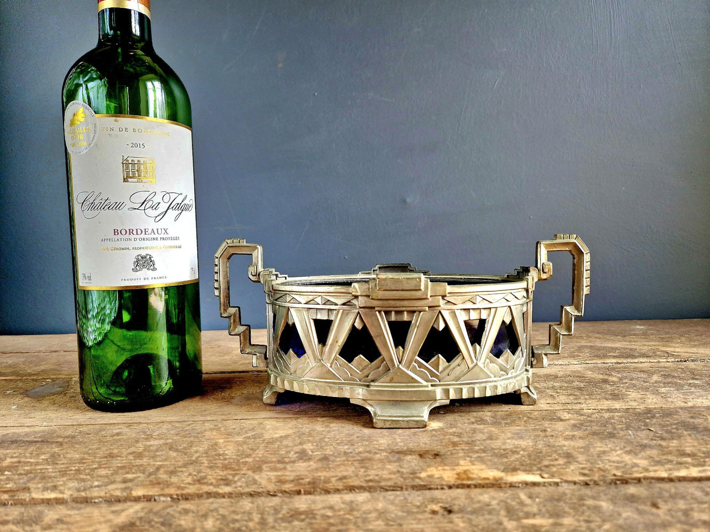 French Art Deco jardinaire. Blue glass lined jardinaire.