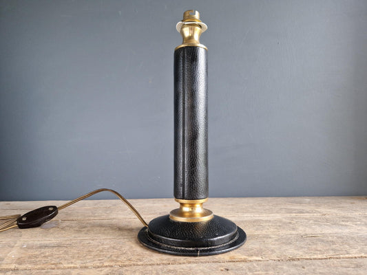 French vintage black leather lamp in the manner of Jacques Adnet Le tanneur table lamp.