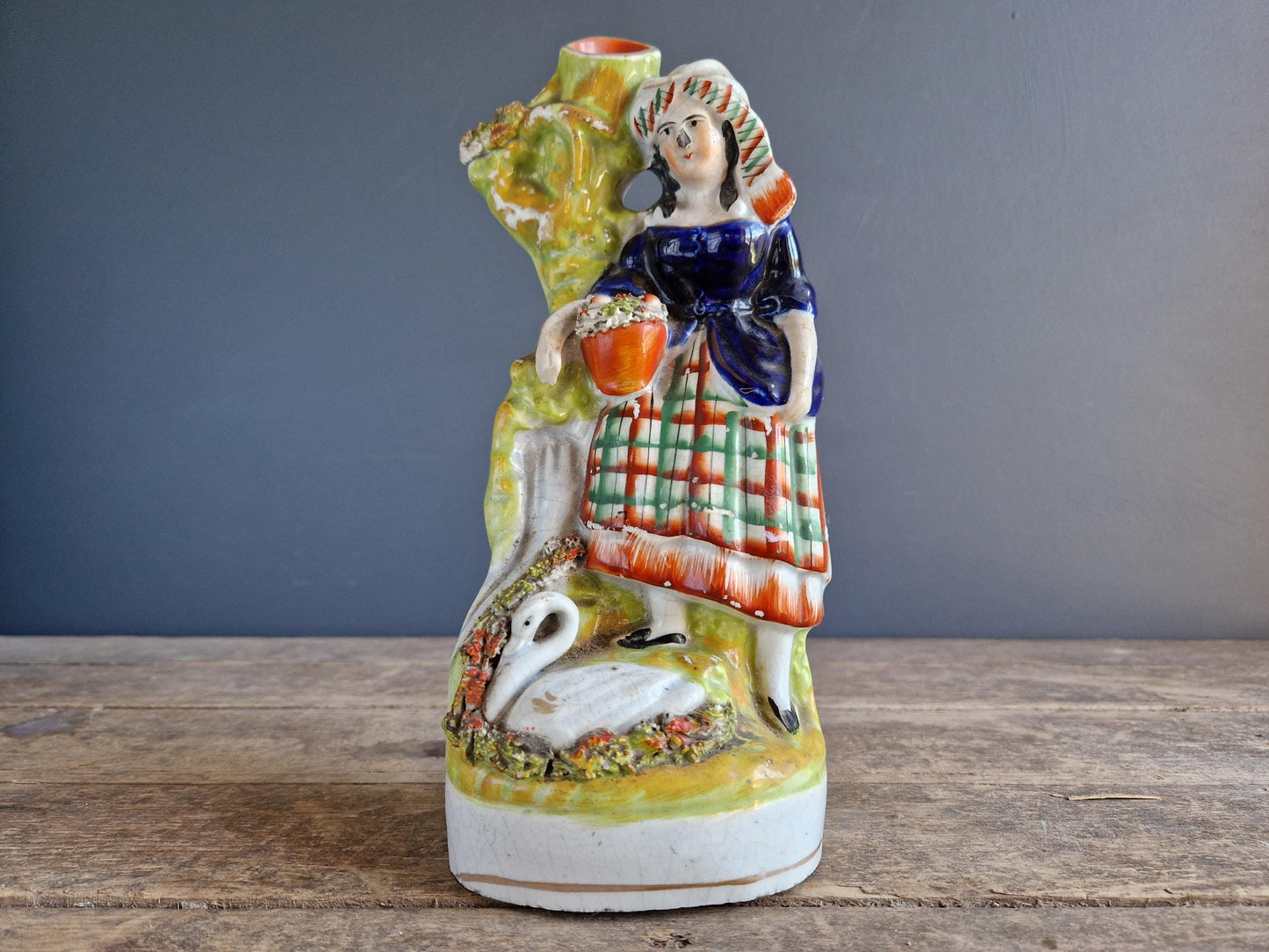 Antique Staffordshire flatback statue of a girl with a swan.