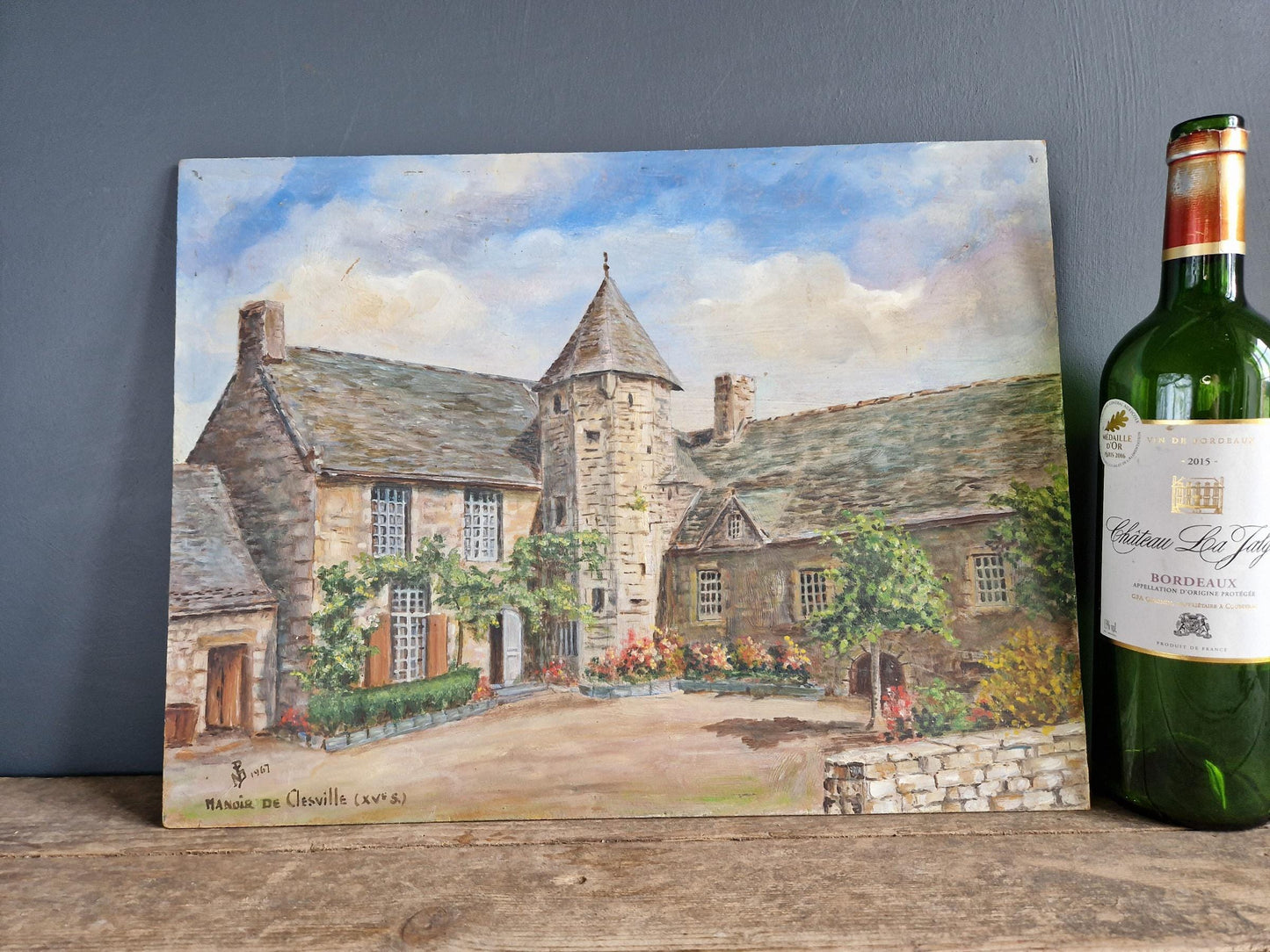 French original oil on board painting showing a country house.