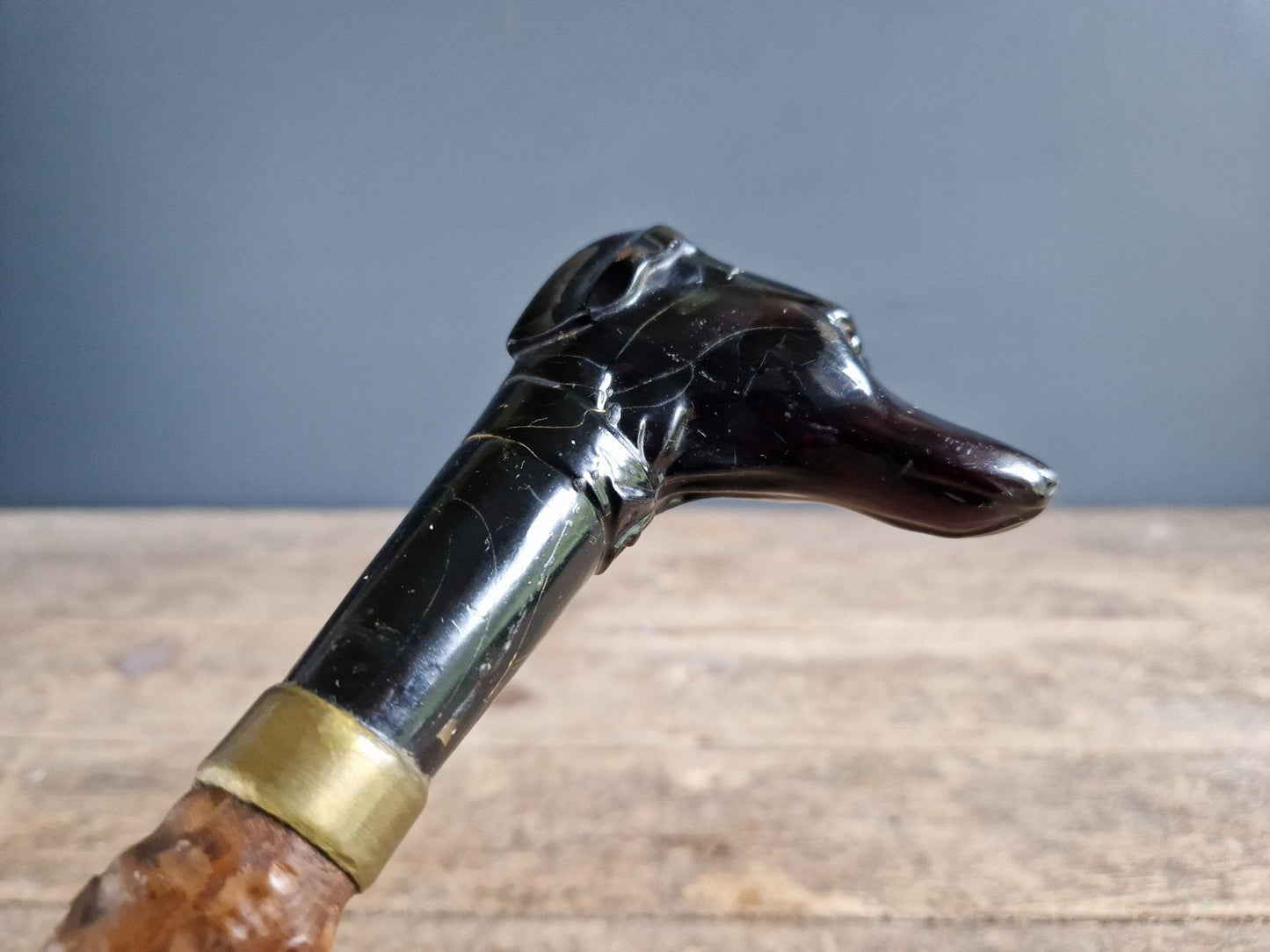 French antique dogs head walking cane. Antique dog walking stick.