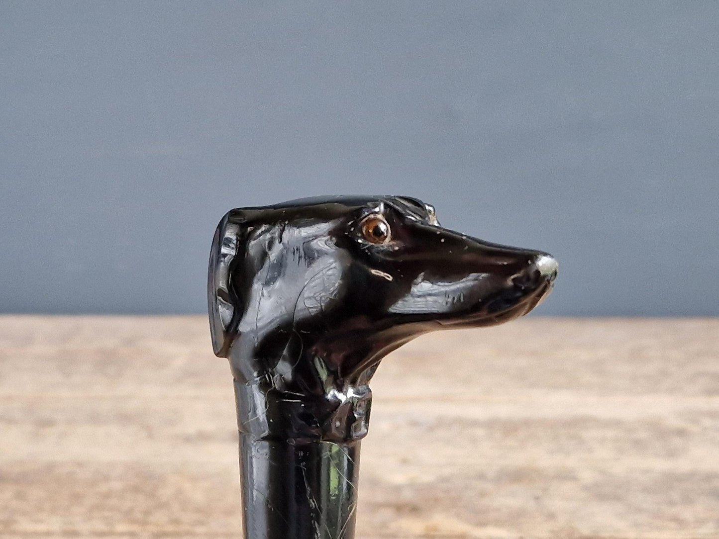 French antique dogs head walking cane. Antique dog walking stick.