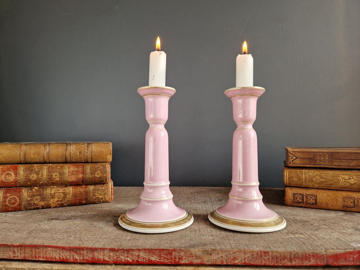 French antique pink porcelain candlesticks Antique candle holders.