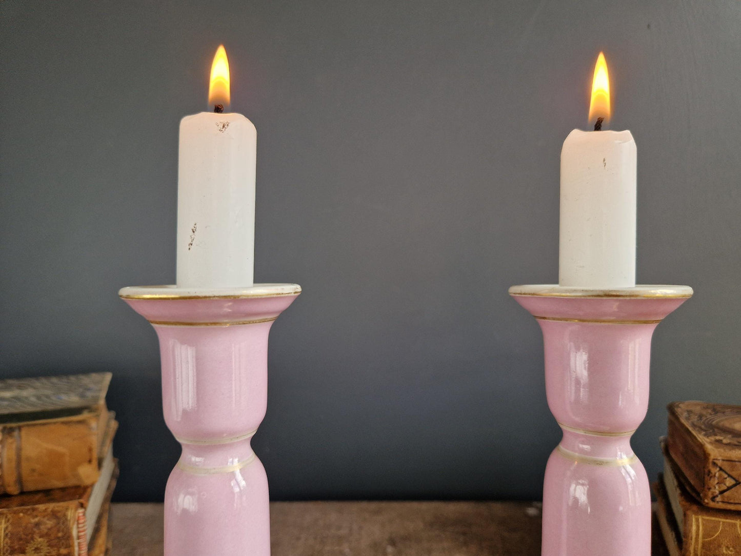 French antique pink porcelain candlesticks Antique candle holders.