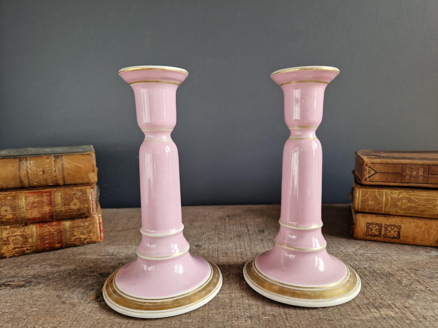 French antique pink porcelain candlesticks Antique candle holders.