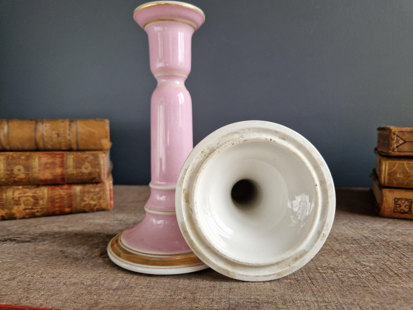 French antique pink porcelain candlesticks Antique candle holders.
