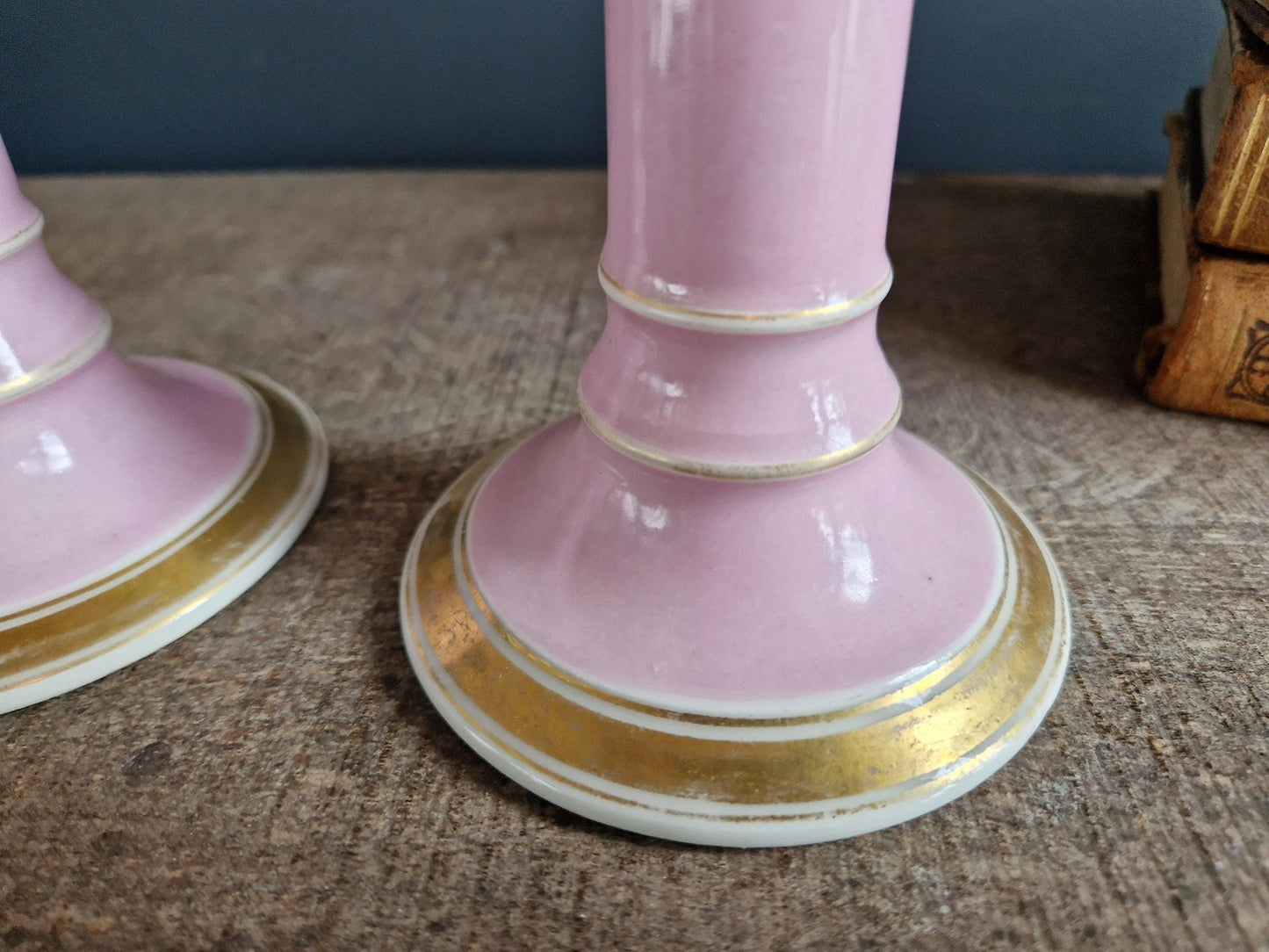 French antique pink porcelain candlesticks Antique candle holders.