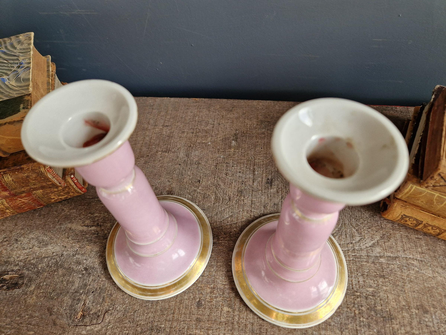French antique pink porcelain candlesticks Antique candle holders.
