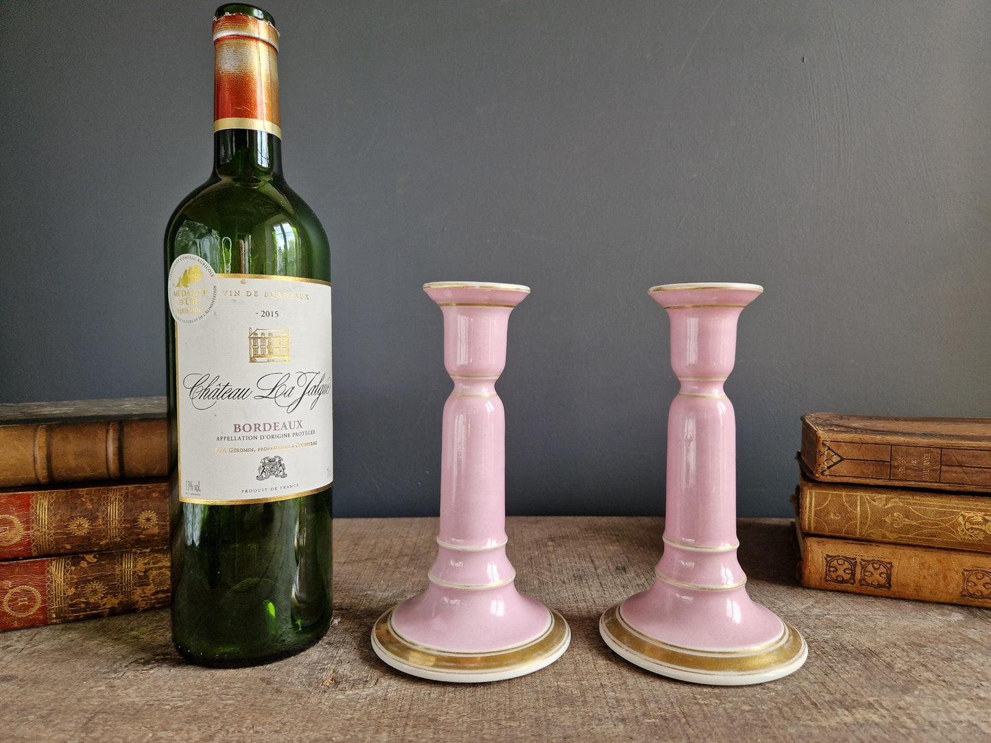 French antique pink porcelain candlesticks Antique candle holders.