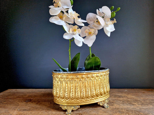 Antique French Brass Jardiniere: Repousse Planter.