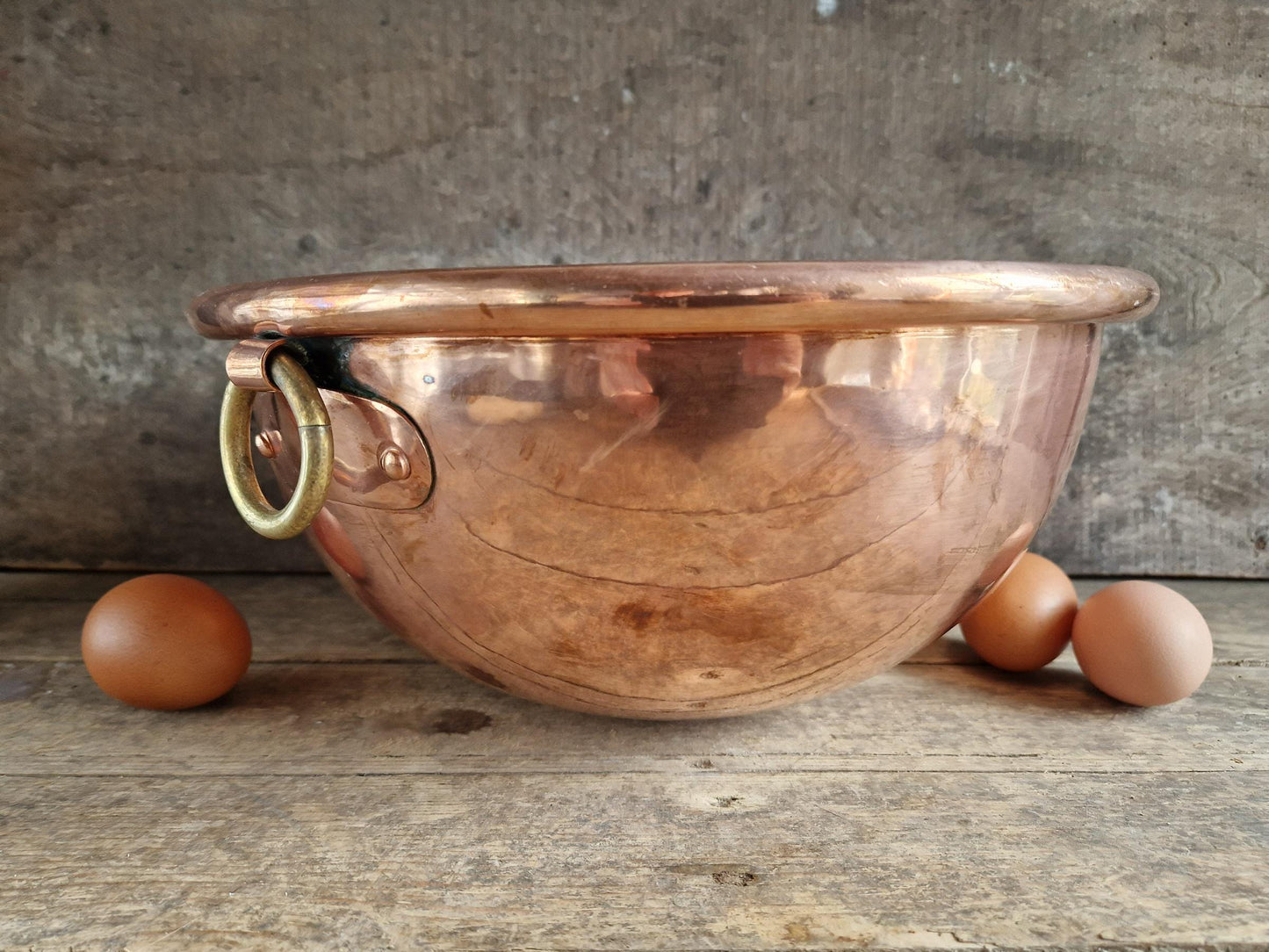 French copper egg whisking bowl. French kitchen copper ware.