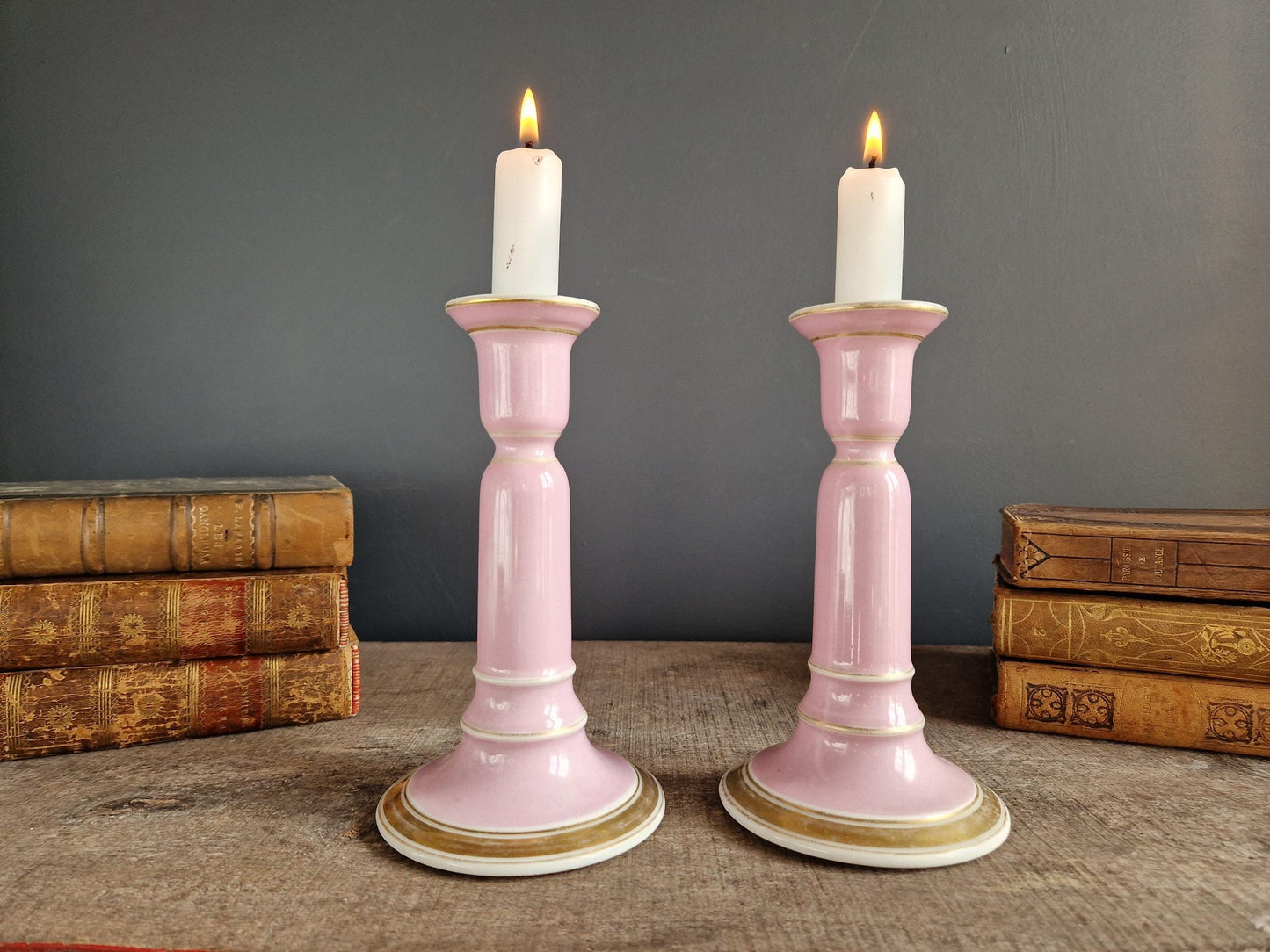 French antique pink porcelain candlesticks Antique candle holders.