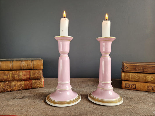French antique pink porcelain candlesticks Antique candle holders.