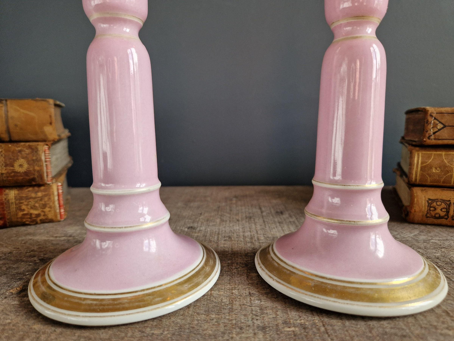 French antique pink porcelain candlesticks Antique candle holders.