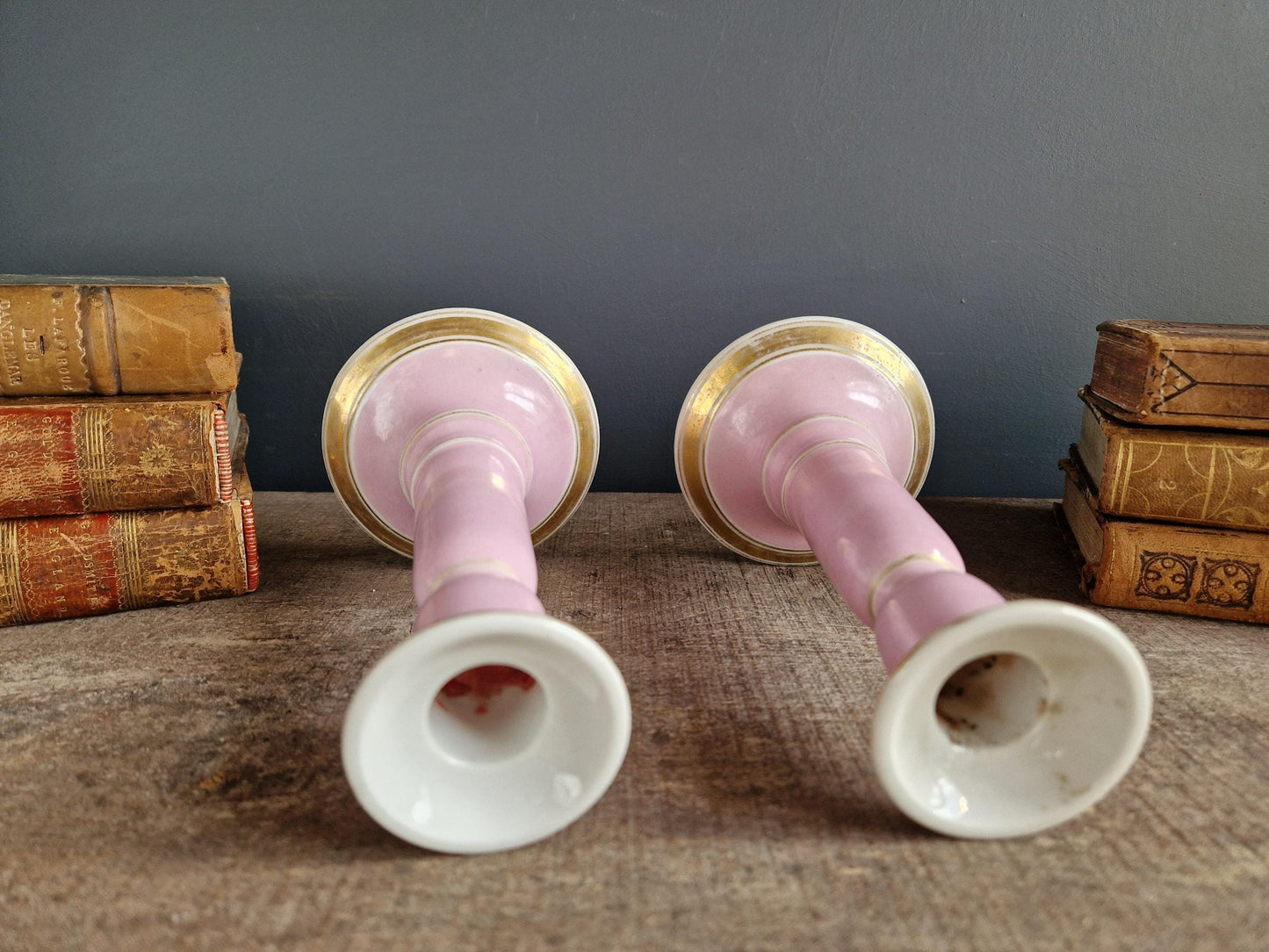 French antique pink porcelain candlesticks Antique candle holders.