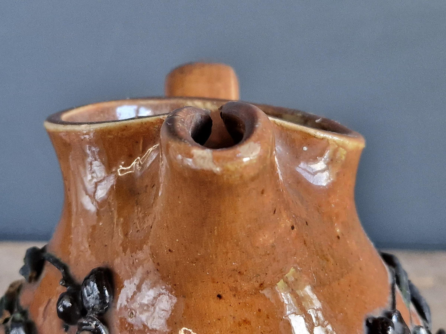 French country beer jug. Country pitcher. Old French jug with beer saying decoration.