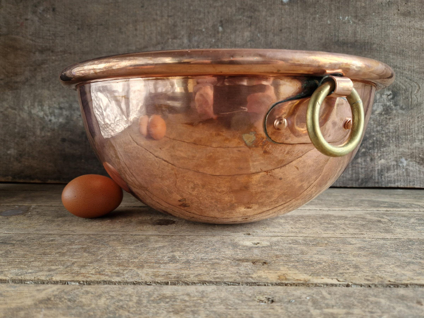 French copper egg whisking bowl. French kitchen copper ware.