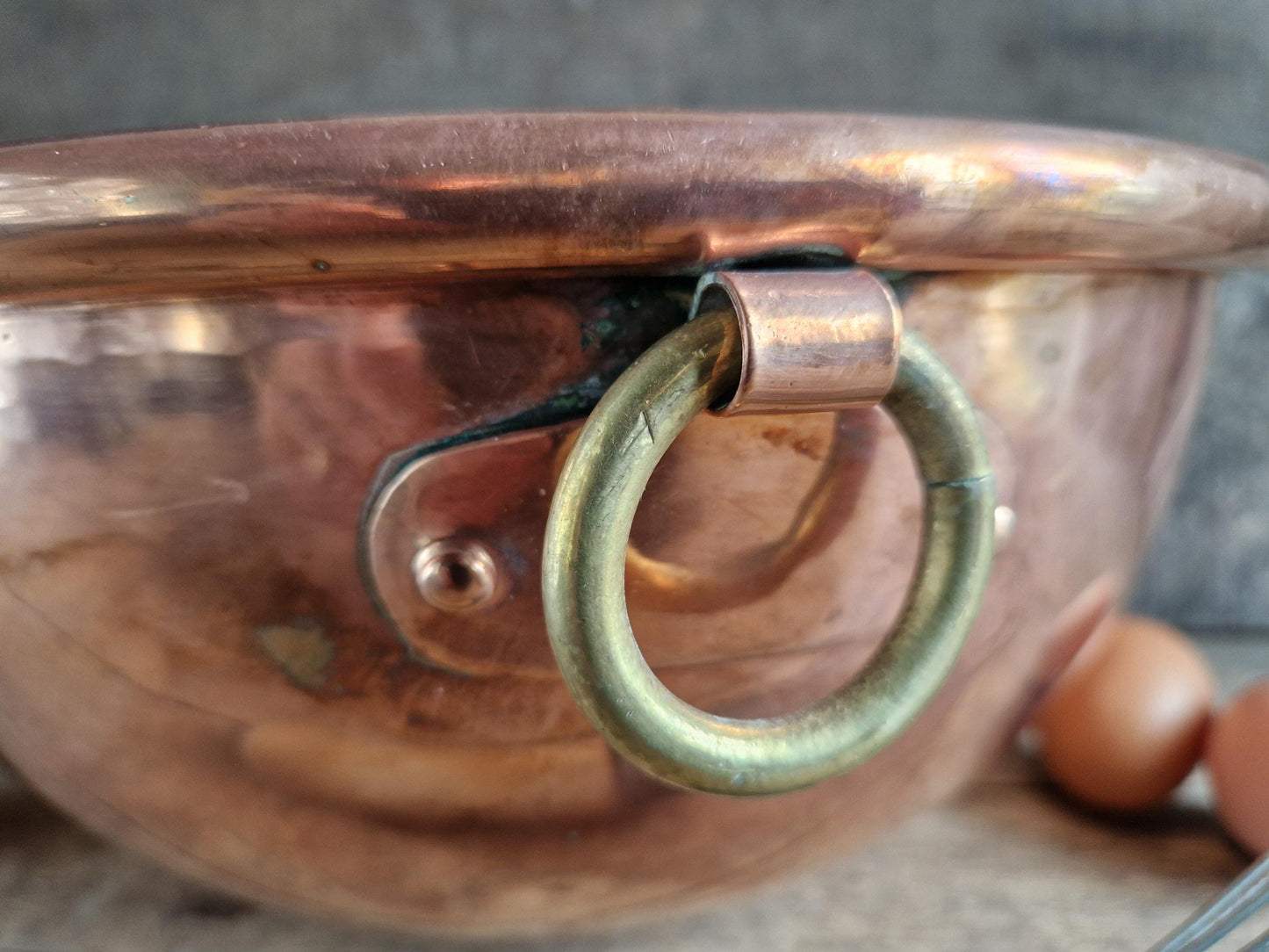 French copper egg whisking bowl. French kitchen copper ware.
