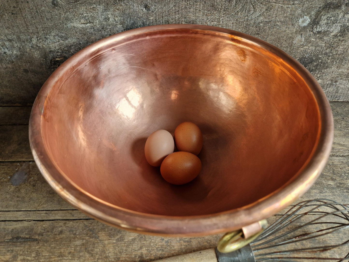 French copper egg whisking bowl. French kitchen copper ware.