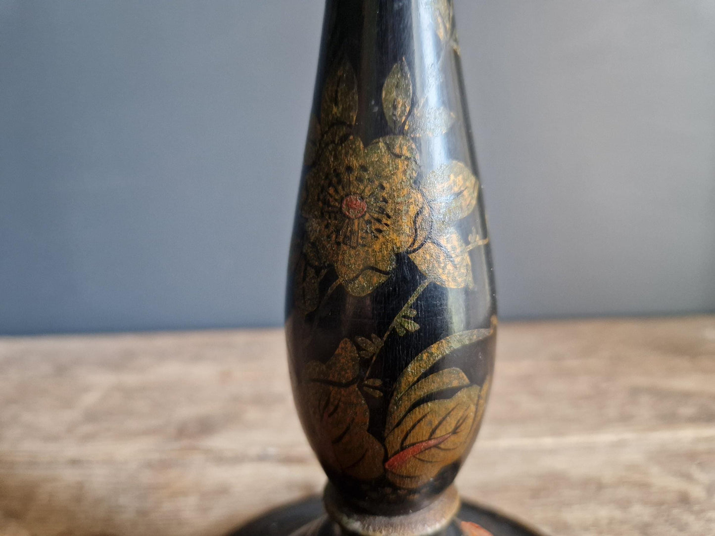 Antique Chinoiserie black table lamp with gilt highlight decoration.