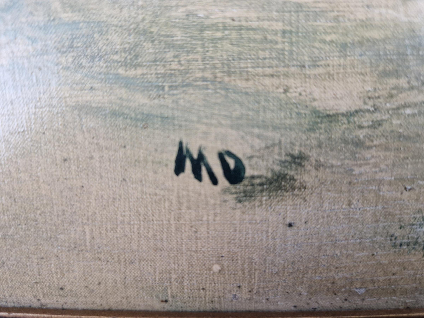 Antique oil painting of a lakeside scene. French oil painting.