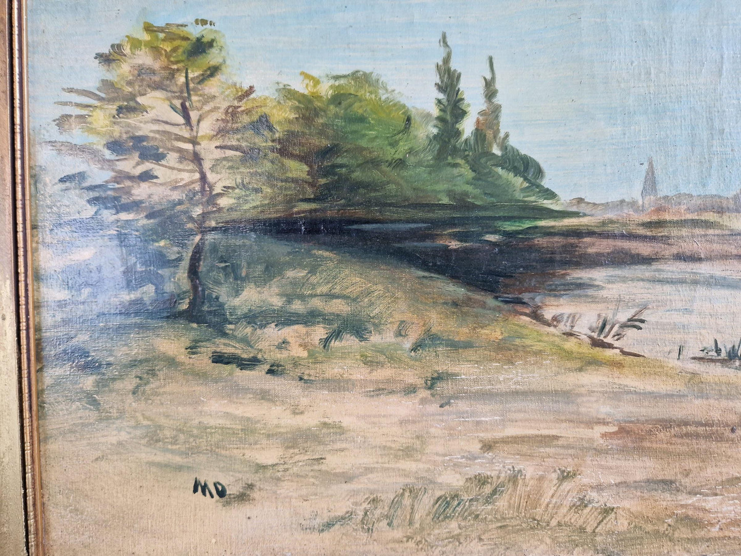 Antique oil painting of a lakeside scene. French oil painting.