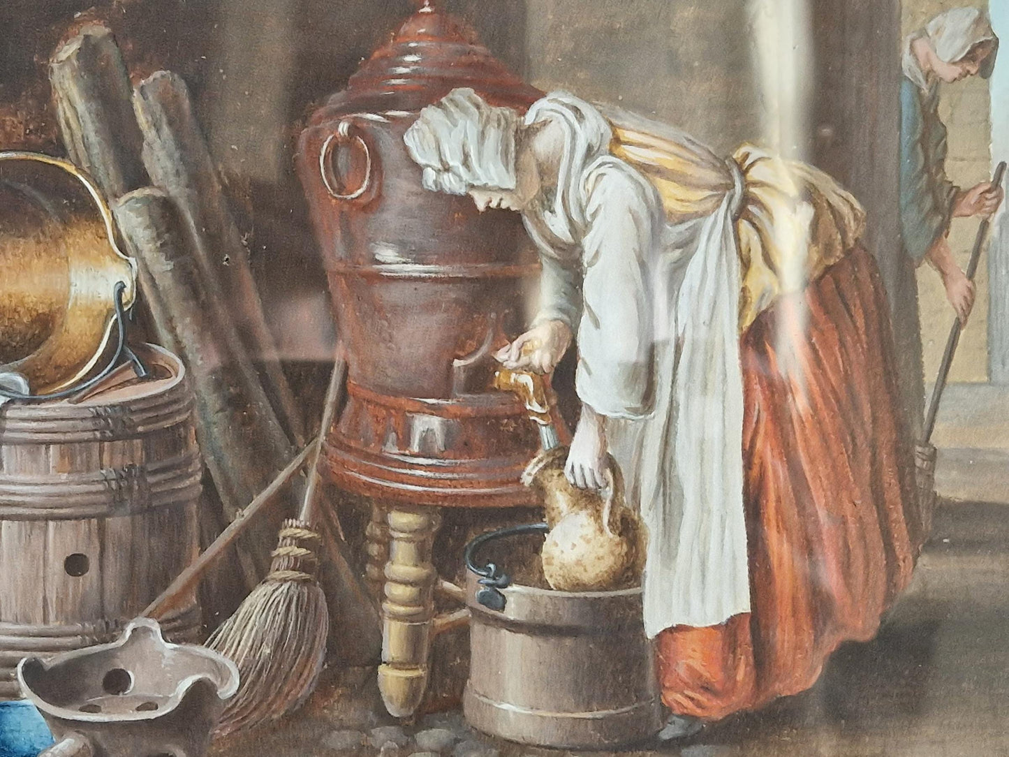 French painting in Gouache showing a rustic interior, Framed and glazed.