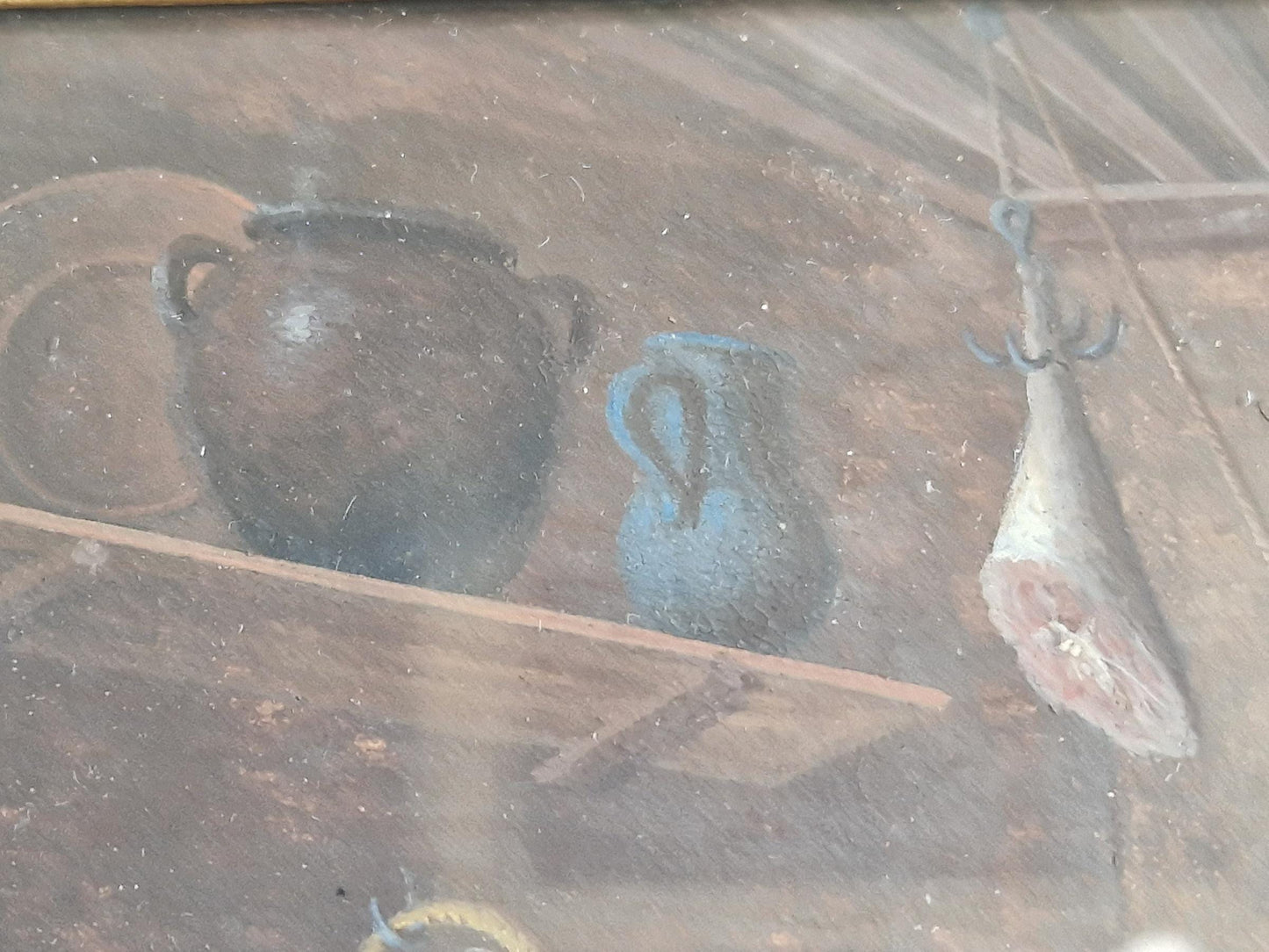 French painting in Gouache showing a rustic interior, Framed and glazed.