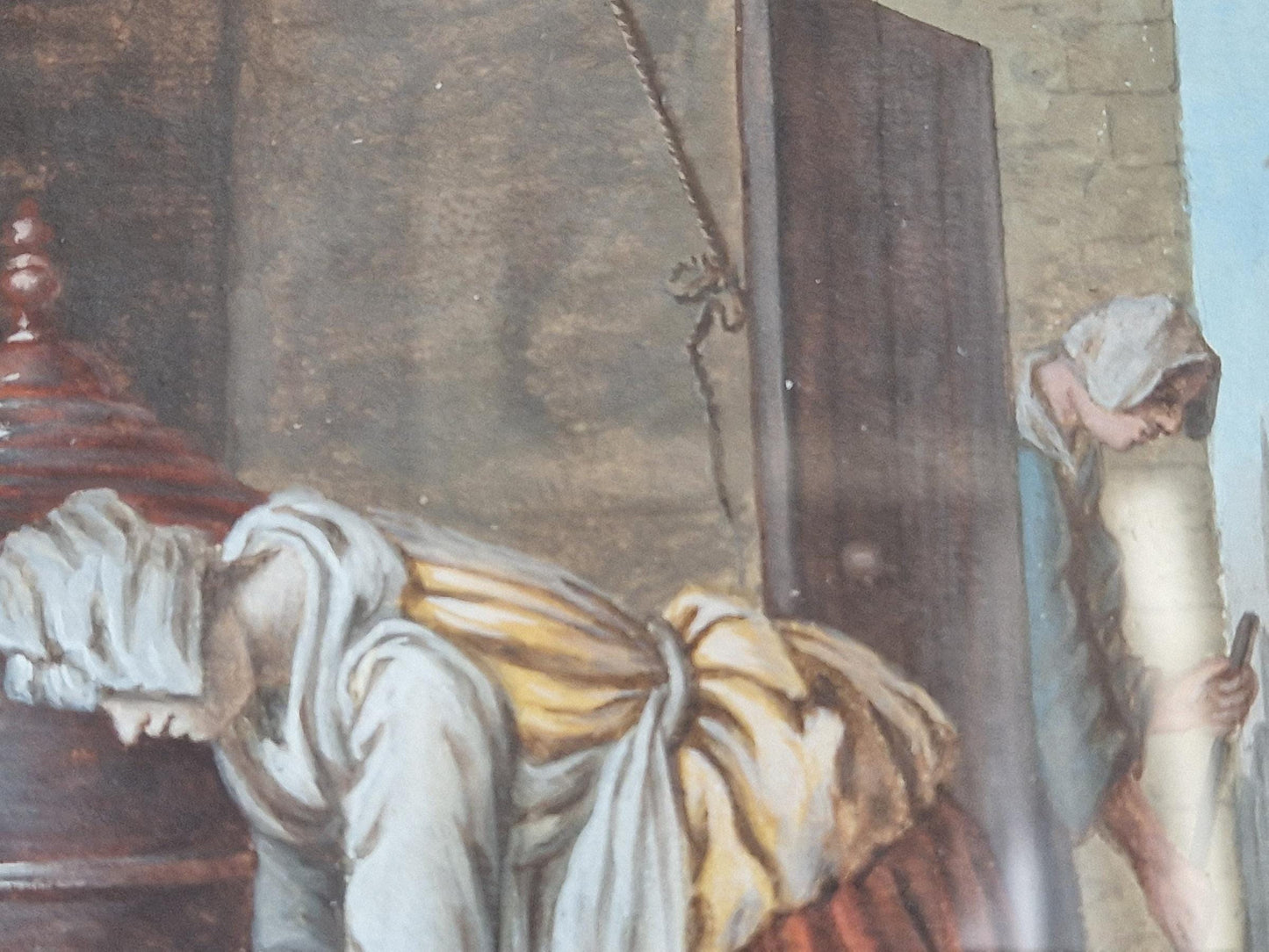 French painting in Gouache showing a rustic interior, Framed and glazed.