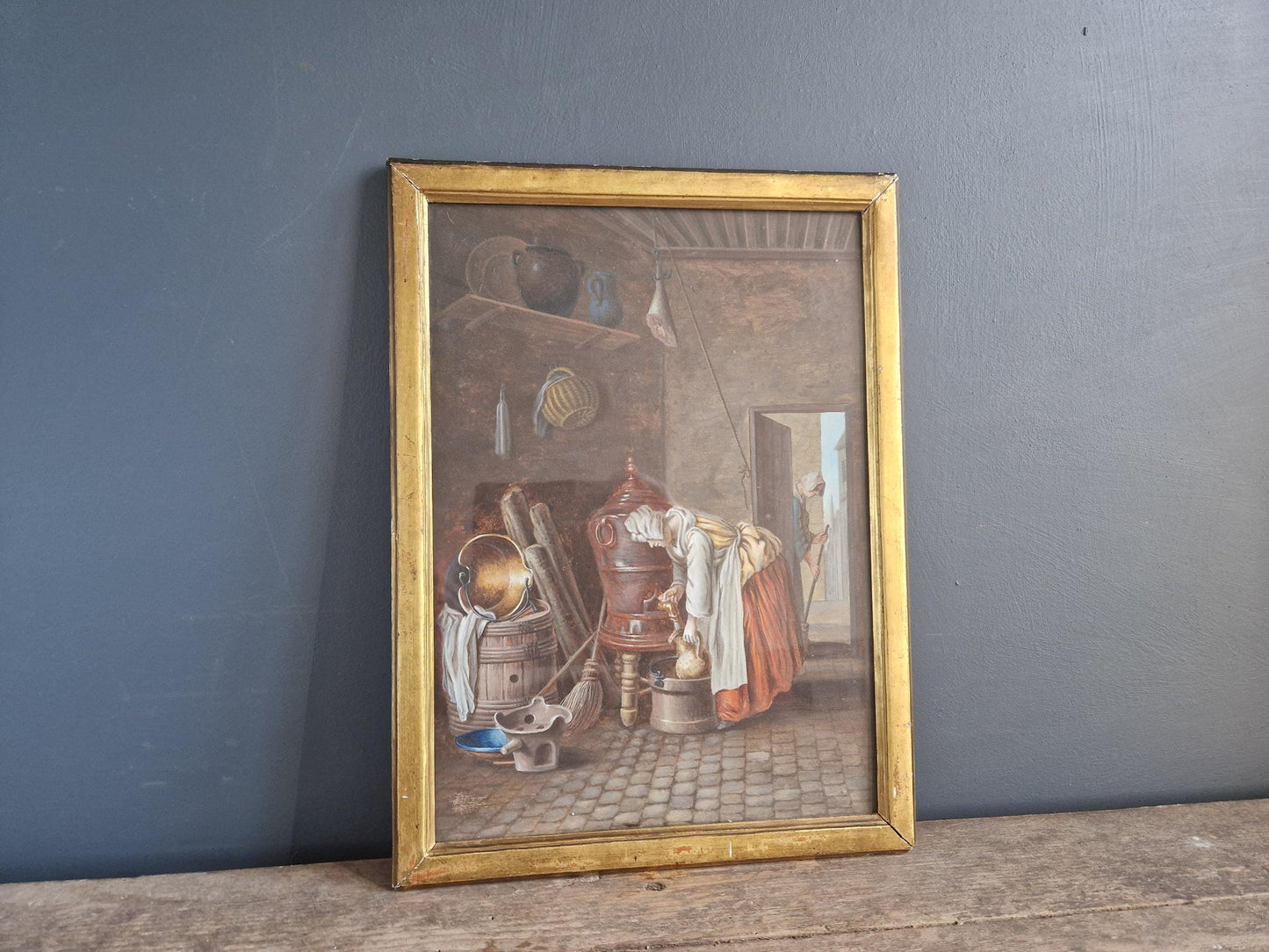 French painting in Gouache showing a rustic interior, Framed and glazed.