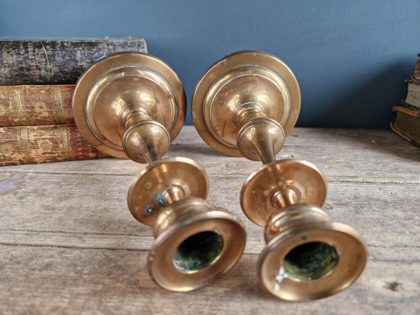 French antique candlesticks. Antique brass candle holders with wax drip plate beneath.