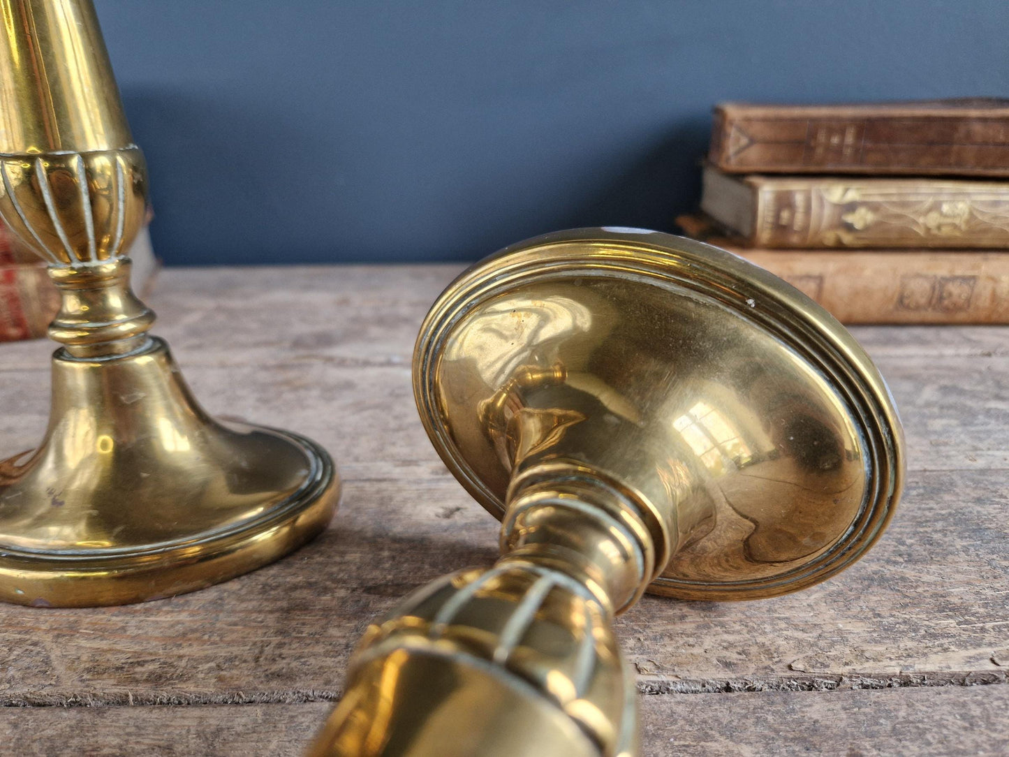 French antique candlesticks. Pair of brass antique French candlesticks with oval bases.