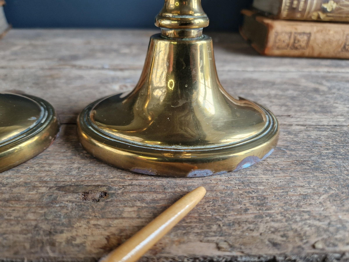 French antique candlesticks. Pair of brass antique French candlesticks with oval bases.