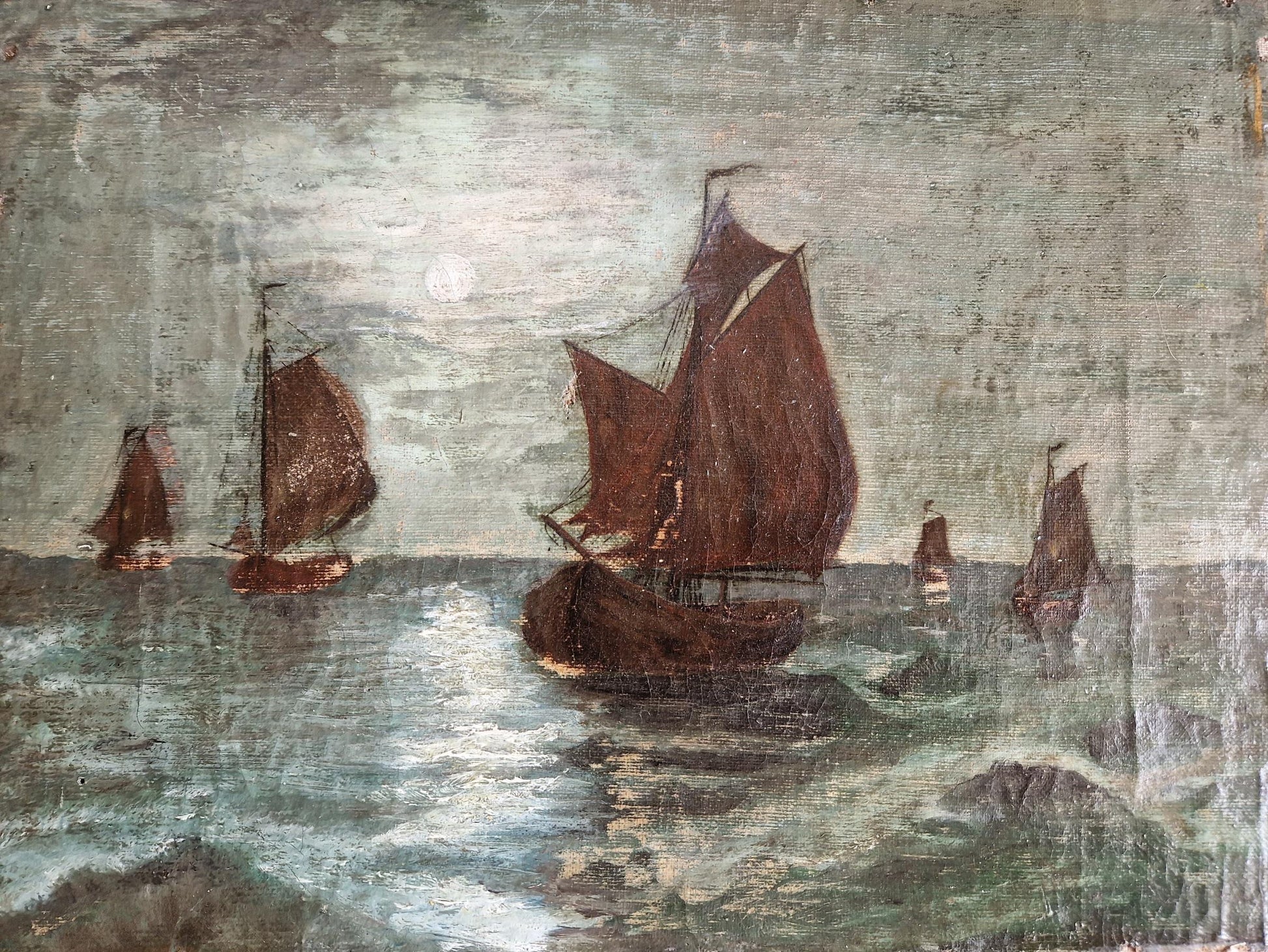 French antique oil painting showing boats in the moonlight.