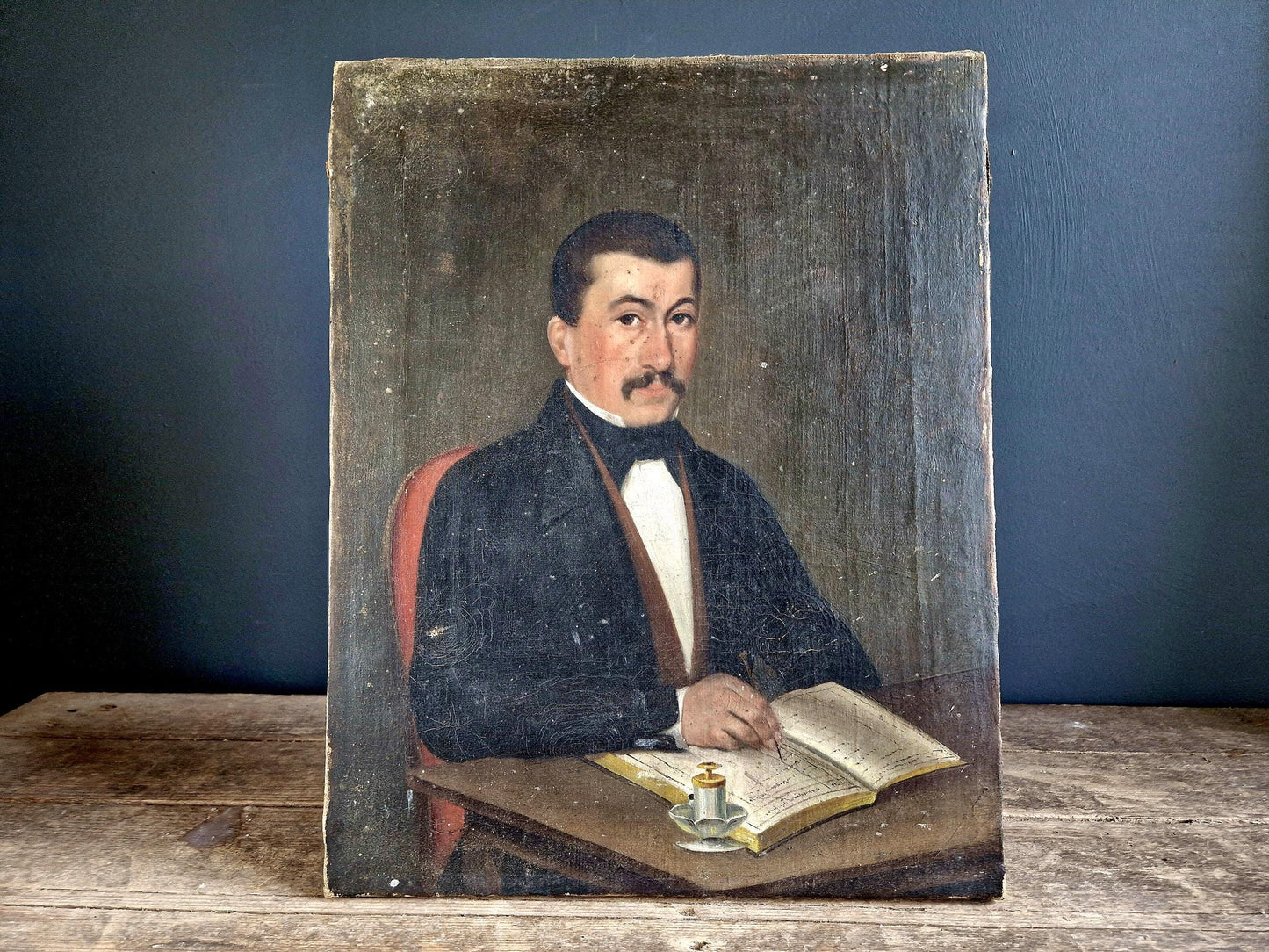 Antique oil painting. Antique portrait of Gentleman writing in his journal. 19th century portrait painting.