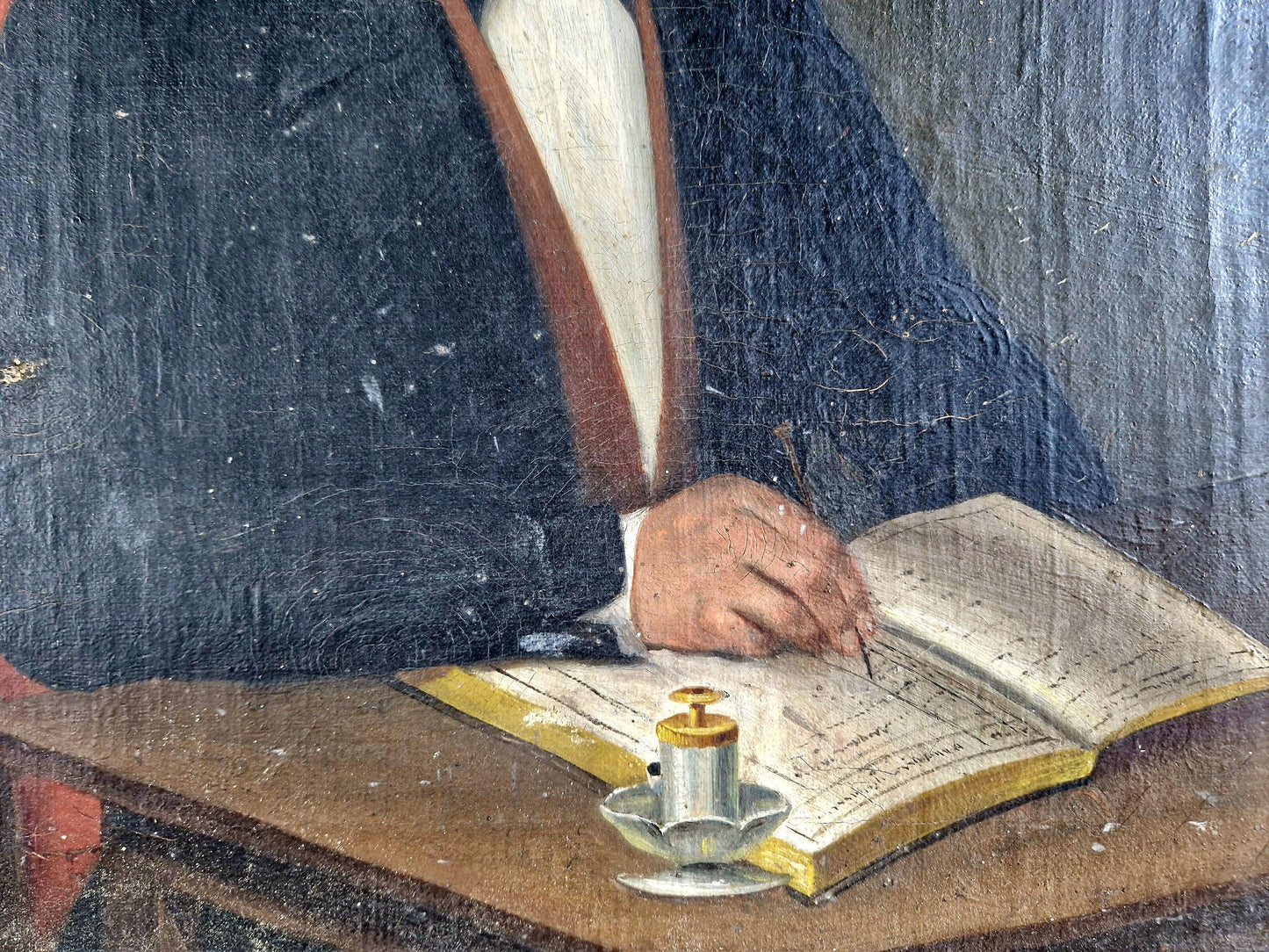 Antique oil painting. Antique portrait of Gentleman writing in his journal. 19th century portrait painting.