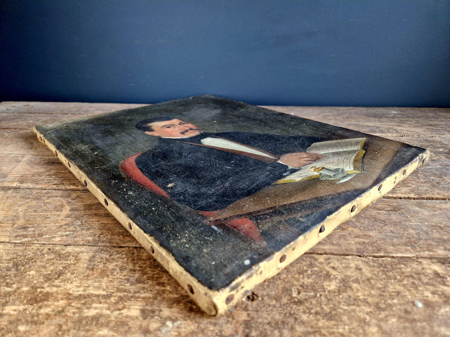 Antique oil painting. Antique portrait of Gentleman writing in his journal. 19th century portrait painting.