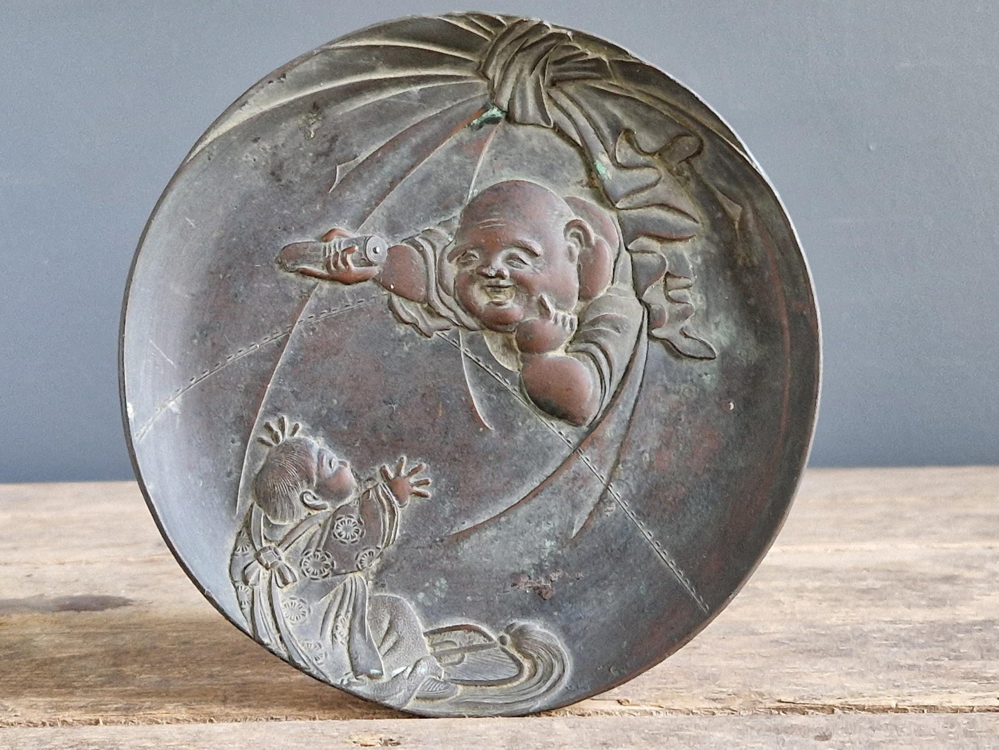 Japanese Buddha dish. Japanese metal decorative plate.
