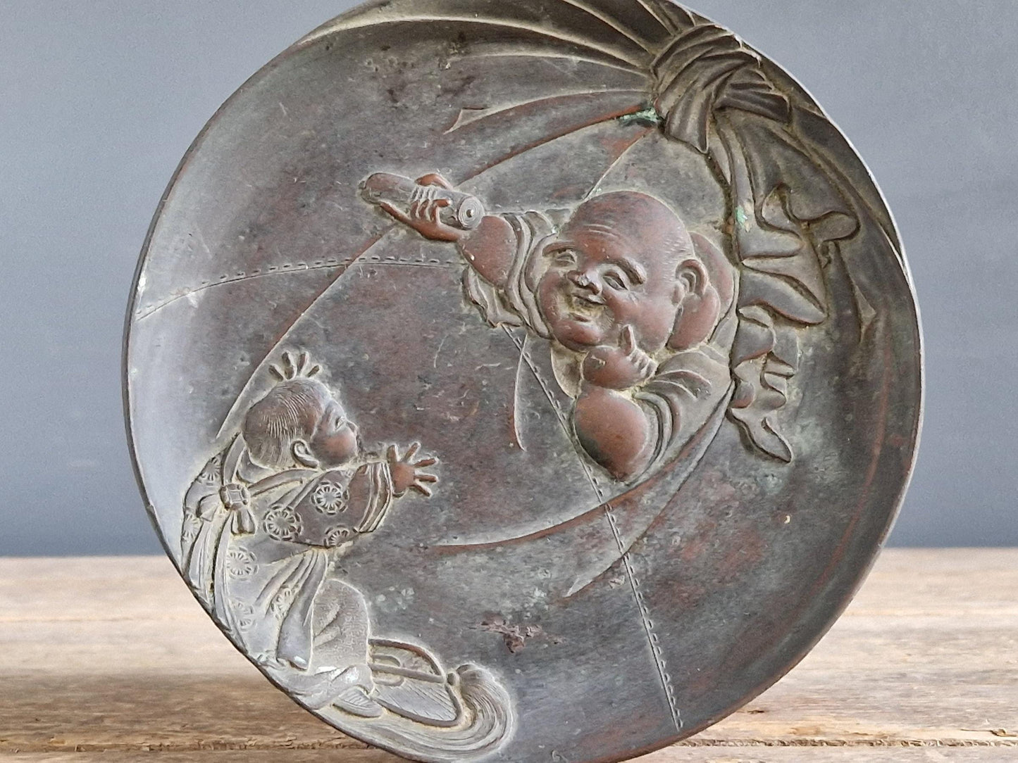 Japanese Buddha dish. Japanese metal decorative plate.