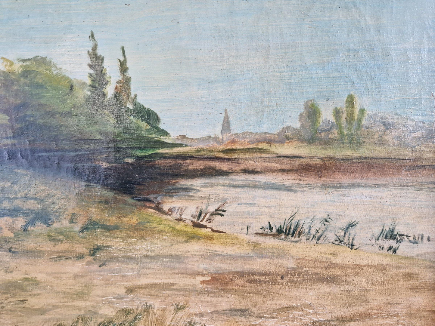 Antique oil painting of a lakeside scene. French oil painting.