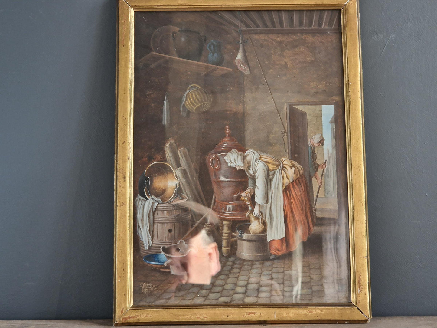 French vintage gouache painting showing a lady working in a rustic interior