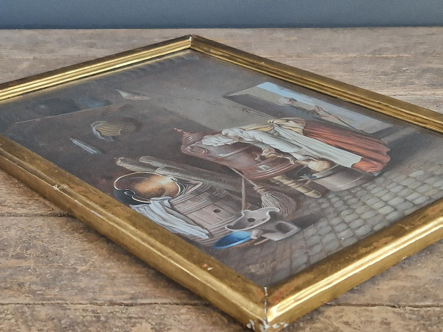 French painting in Gouache showing a rustic interior, Framed and glazed.
