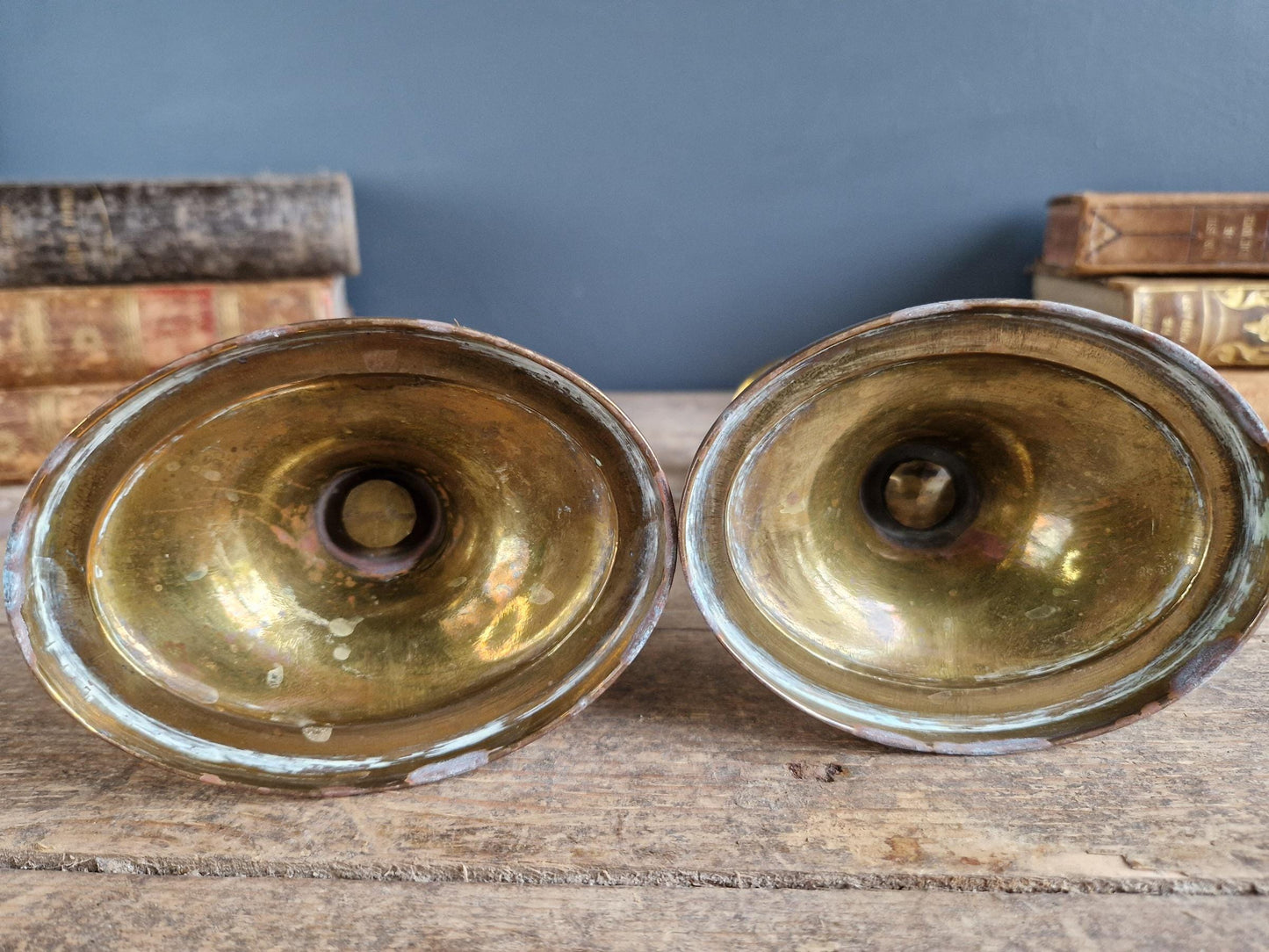 French antique candlesticks. Pair of brass antique French candlesticks with oval bases.