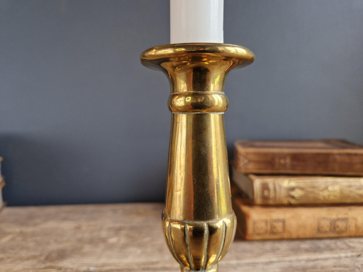 French antique candlesticks. Pair of brass antique French candlesticks with oval bases.