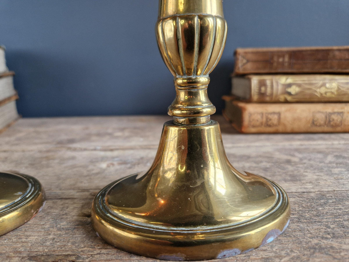 French antique candlesticks. Pair of brass antique French candlesticks with oval bases.
